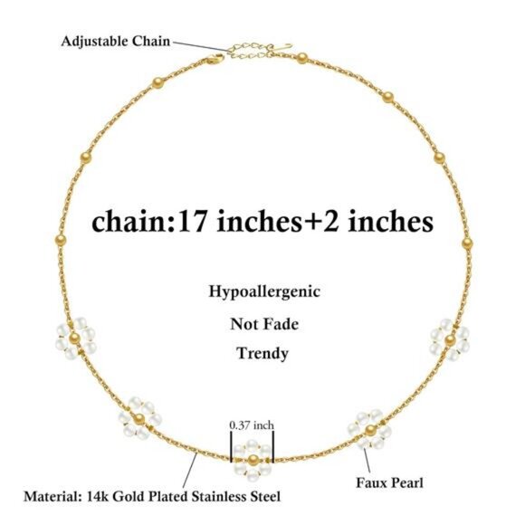 Dainty Pearl Necklace  14k Gold Plated Daisy Pearl Choker Stainless Steel - Picture 6 of 8